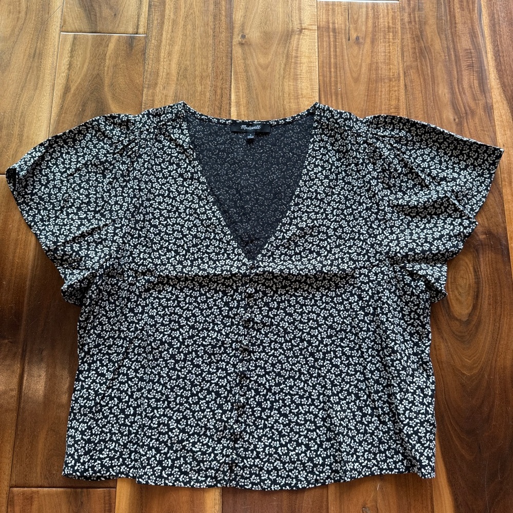 Madewell Black Floral V-Neck Button-Front Blouse